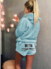 Inrosy combinaison pyjama short pilou pilou polaire meow brodée à capuche mignon femme vetement