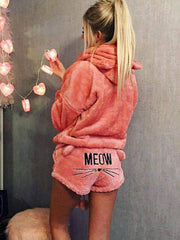 Inrosy combinaison pyjama short pilou pilou polaire meow brodée à capuche mignon femme vetement