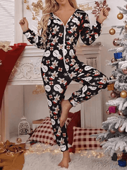 Inrosy noël combinaison pyjama avec capuche slim motif flocon de neige fermeture éclair manches longues femme décontracté