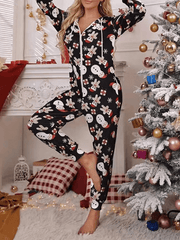 Inrosy noël combinaison pyjama avec capuche slim motif flocon de neige fermeture éclair manches longues femme décontracté