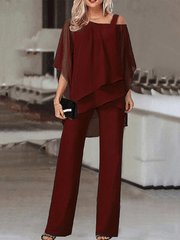 Inrosy combinaisons deux pièces une épaule mousseline manches chauve souris hauts irrégulière droit pantalon femme décontracté