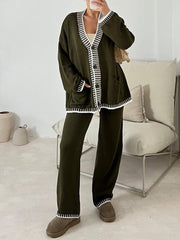 Inrosy ensembles 2 pièces avec pantalon boutonnage poches v-cou manches longues cardigan femme décontracté vêtements de détente