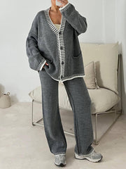 Inrosy ensembles 2 pièces avec pantalon boutonnage poches v-cou manches longues cardigan femme décontracté vêtements de détente