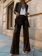 Inrosy ensembles avec pantalon brillante paillette v-cou manches longues blazer flare évasé pantalon femme élégant deux pièces