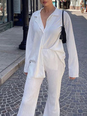 Inrosy ensemble tailleur pantalon larges jambes évasé fluide plissé boutonnage col revers femme mode ample décontracté 2 pièces