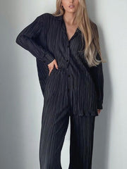 Inrosy ensemble tailleur pantalon larges jambes évasé fluide plissé boutonnage col revers femme mode ample décontracté 2 pièces