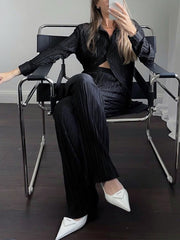 Inrosy ensemble tailleur pantalon larges jambes évasé fluide plissé boutonnage col revers femme mode ample décontracté 2 pièces
