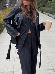 Inrosy ensemble tailleur pantalon larges jambes évasé fluide plissé boutonnage col revers femme mode ample décontracté 2 pièces