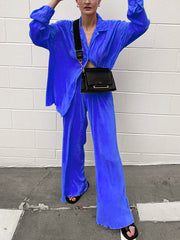 Inrosy ensemble tailleur pantalon larges jambes évasé fluide plissé boutonnage col revers femme mode ample décontracté 2 pièces