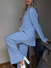 Inrosy ensemble tailleur pantalon larges jambes évasé fluide plissé boutonnage col revers femme mode ample décontracté 2 pièces