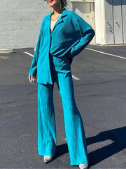 Inrosy ensemble tailleur pantalon larges jambes évasé fluide plissé boutonnage col revers femme mode ample décontracté 2 pièces