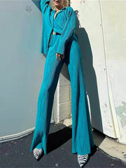 Inrosy ensemble tailleur pantalon larges jambes évasé fluide plissé boutonnage col revers femme mode ample décontracté 2 pièces
