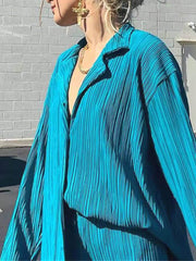 Inrosy ensemble tailleur pantalon larges jambes évasé fluide plissé boutonnage col revers femme mode ample décontracté 2 pièces