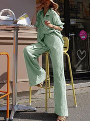 Inrosy ensemble tailleur pantalon larges jambes évasé fluide plissé boutonnage col revers femme mode ample décontracté 2 pièces