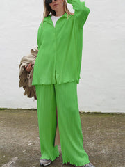 Inrosy ensemble tailleur pantalon larges jambes évasé fluide plissé boutonnage col revers femme mode ample décontracté 2 pièces