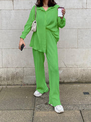Inrosy ensemble tailleur pantalon larges jambes évasé fluide plissé boutonnage col revers femme mode ample décontracté 2 pièces