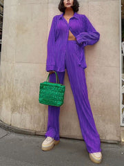Inrosy ensemble tailleur pantalon larges jambes évasé fluide plissé boutonnage col revers femme mode ample décontracté 2 pièces