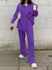Inrosy ensemble tailleur pantalon larges jambes évasé fluide plissé boutonnage col revers femme mode ample décontracté 2 pièces