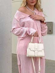 Inrosy ensemble tailleur pantalon larges jambes évasé fluide plissé boutonnage col revers femme mode ample décontracté 2 pièces