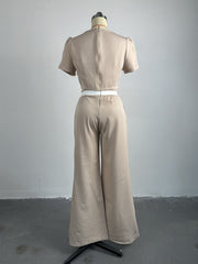 Inrosy ensembles avec pantalon larges jambes évasé unicolore col rond manches bouffantes courtes femme doux décontracté deux pièces