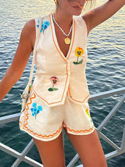 Inrosy ensembles deux pièces v-cou fleurie boutonnage sans manches gilet courte pantalon femme décontracté de plage