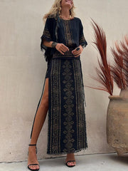 Inrosy ensemble robe géométrique tribal manches chauve souris hauts fendu frange longue jupe femme ethnique décontracté lâche deux pièces