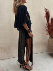 Inrosy ensemble robe géométrique tribal manches chauve souris hauts fendu frange longue jupe femme ethnique décontracté lâche deux pièces