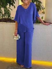 Inrosy ensemble deux pièces irrégulière v-cou poches manches au coude femme élégant décontracté lâche ample