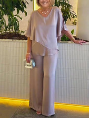 Inrosy ensemble deux pièces irrégulière v-cou poches manches au coude femme élégant décontracté lâche ample