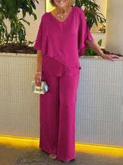 Inrosy ensemble deux pièces irrégulière v-cou poches manches au coude femme élégant décontracté lâche ample