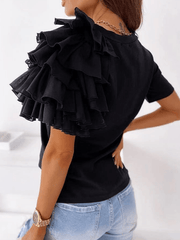 Inrosy t-shirt unicolore coton à volantée col rond volants superposés manches courtes femme casual hauts