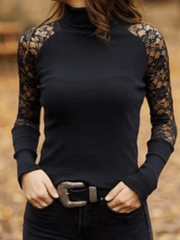 Inrosy hauts blouse dentelle col montant manches raglan manches longues femme élégant mode décontracté automne