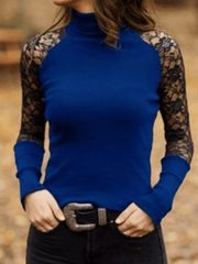 Inrosy hauts blouse dentelle col montant manches raglan manches longues femme élégant mode décontracté automne