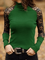 Inrosy hauts blouse dentelle col montant manches raglan manches longues femme élégant mode décontracté automne