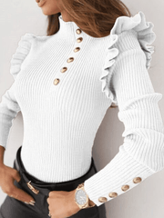 Inrosy pull en maille côtelée unicolore à volantée boutonnage col montant manches longues femme casual élégant mode hauts