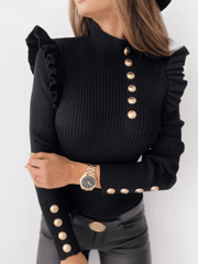 Inrosy pull en maille côtelée unicolore à volantée boutonnage col montant manches longues femme casual élégant mode hauts