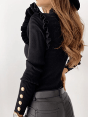 Inrosy pull en maille côtelée unicolore à volantée boutonnage col montant manches longues femme casual élégant mode hauts