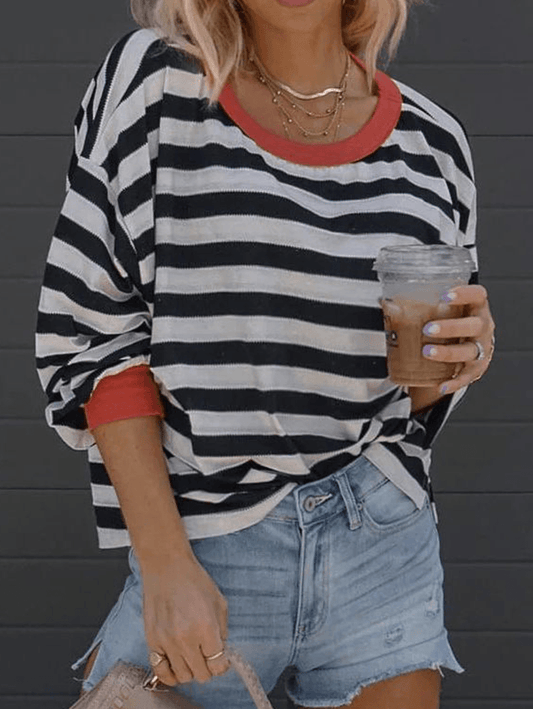 Inrosy t-shirt rayé col rond épaule tombante manches longues femme casual mode ample décontracté huats