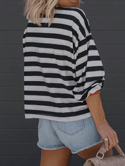 Inrosy t-shirt rayé col rond épaule tombante manches longues femme casual mode ample décontracté huats