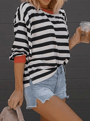 Inrosy t-shirt rayé col rond épaule tombante manches longues femme casual mode ample décontracté huats