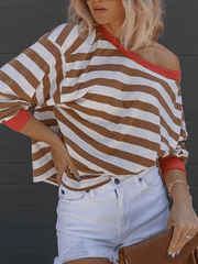 Inrosy t-shirt rayé col rond épaule tombante manches longues femme casual mode ample décontracté huats