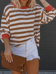 Inrosy t-shirt rayé col rond épaule tombante manches longues femme casual mode ample décontracté huats