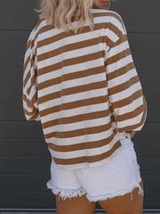 Inrosy t-shirt rayé col rond épaule tombante manches longues femme casual mode ample décontracté huats