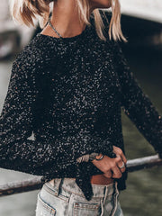 Inrosy t-shirt unicolore brillante paillette dos nu col rond manches fendues manches longues femme mode décontracté huats