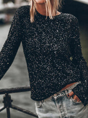 Inrosy t-shirt unicolore brillante paillette dos nu col rond manches fendues manches longues femme mode décontracté huats