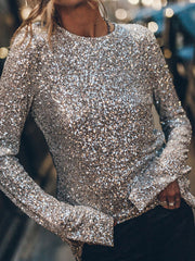 Inrosy t-shirt unicolore brillante paillette dos nu col rond manches fendues manches longues femme mode décontracté huats