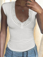 Inrosy t-shirt unicolore dentelle v-cou manches courtes femme élégant décontracté mode