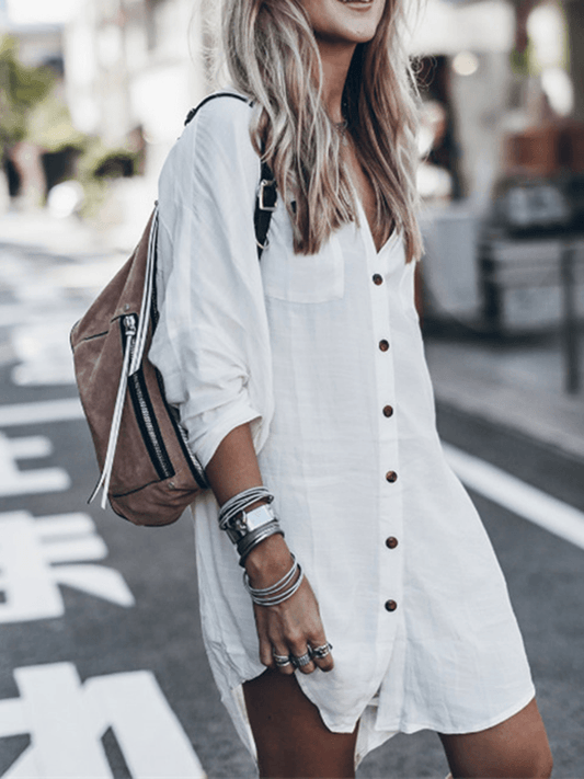 Inrosy blouse coton boutonnage poches col chemise manches longues femme casual boho décontracté de plage