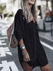 Inrosy blouse coton boutonnage poches col chemise manches longues femme casual boho décontracté de plage