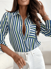 Inrosy chemise rayé boutonnage poches col chemise manches longues femme casual élégant mode blouse hauts